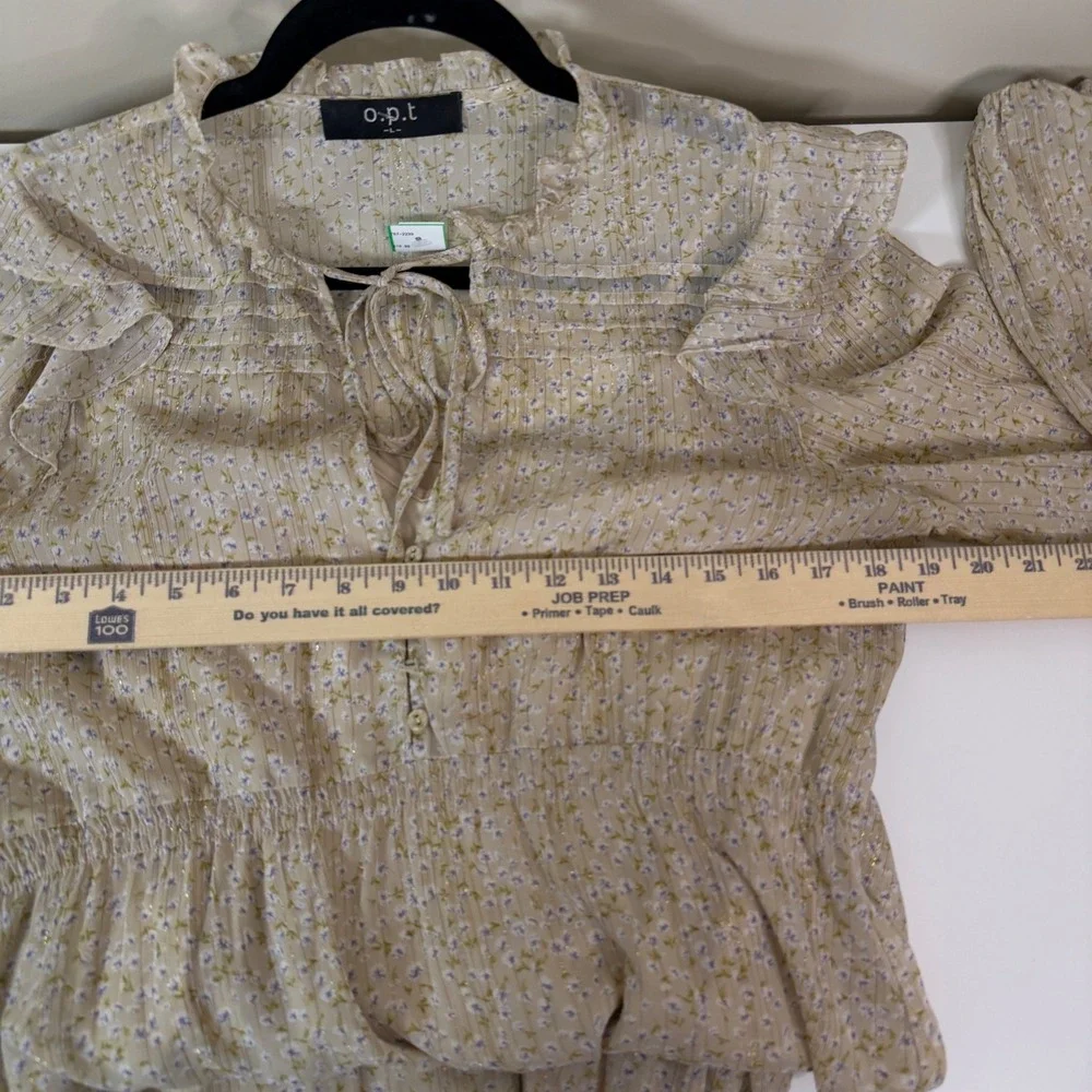Whimsical Beige Microfloral Metallic Tiered Ruffled Prairie Maxi Dress LG o.p.t. - Picture 5 of 10